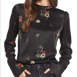 Treasure & Bond Women’s Satin Floral High Neck Puff Sleeve French Cuff Blouse S